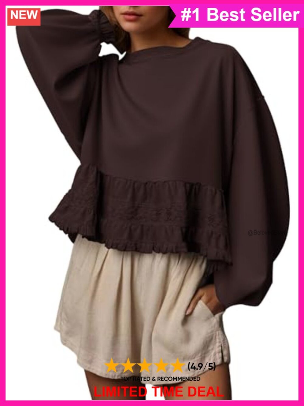 Crop Oversized Sweatshirt Lace Patchwork Puff Sleeve Babydoll Top
